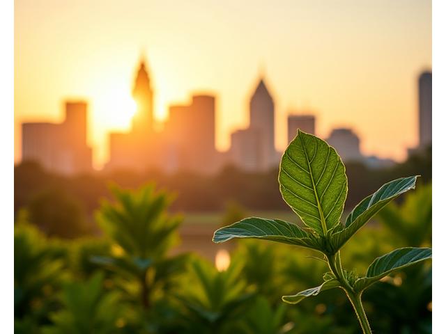 Austin skyline at golden hour with the verdant bloom leaf icon overlayed, symbolizing growth and connection