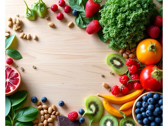 Vibrant, artfully arranged collection of colorful superfoods: berries, leafy greens, nuts, seeds, and exotic fruits on a wooden table.