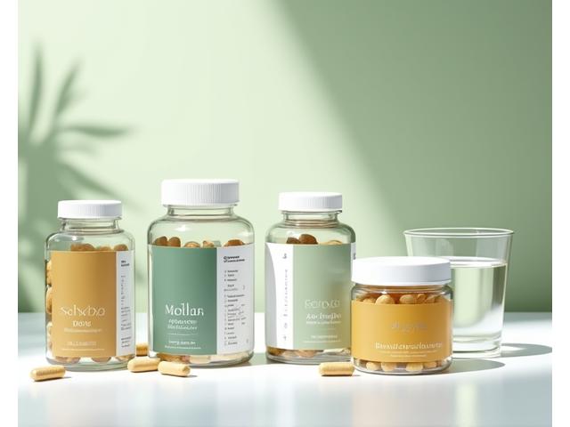 Assortment of high-quality, cleanly packaged dietary supplements like omega-3, vitamin D, magnesium, and probiotics, arranged on a pristine white surface next to a glass of water.