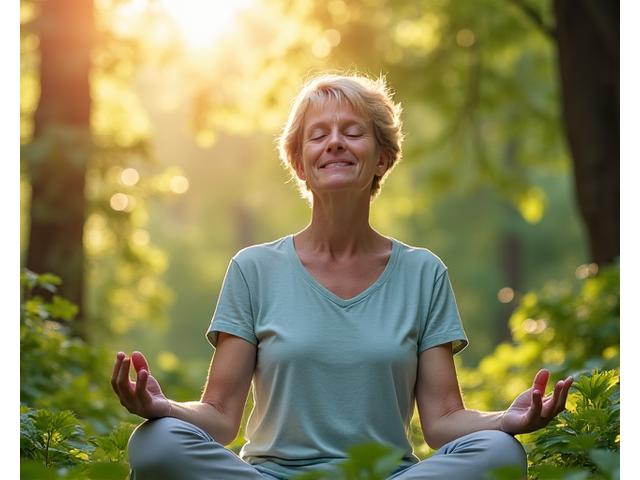 Person meditating peacefully in a natural setting, radiating calm and balance. Focus on stress reduction.